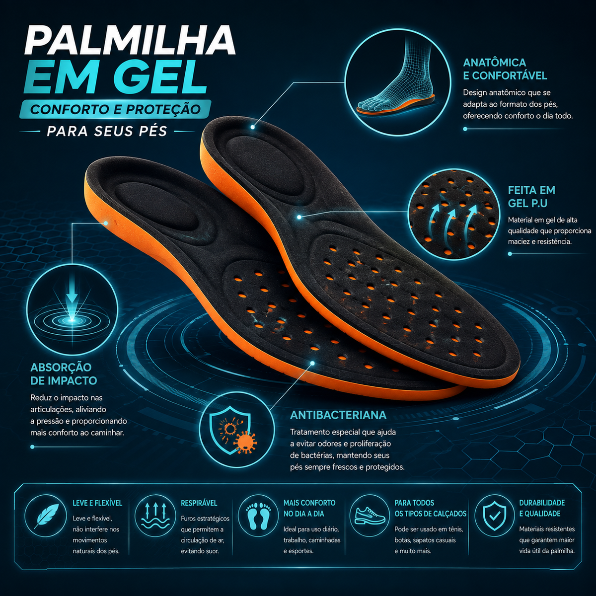 Palmilha de Gel Ortopédica Anatômica